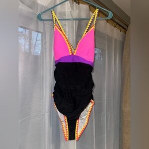 POPVIL Colorblock One-Piece Swimsuit in Hot Pink, Purple & Black Medium New